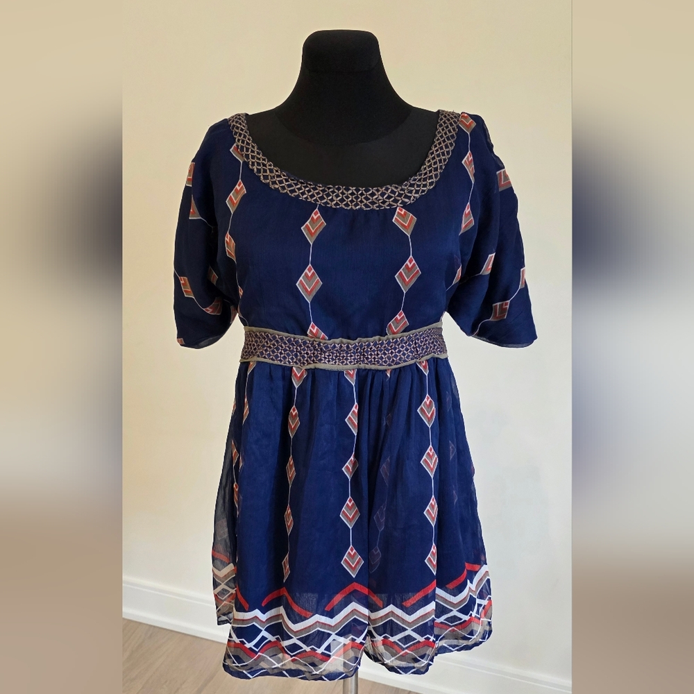 NWOT Stradivarius Navy Blue Diamond Print Babydoll Blouse S